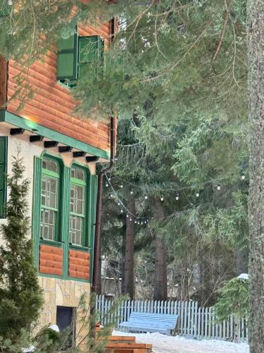 a house with a green window and a bench at Villa Adis with Hot Pool & Jacuzzi by BookVillaBG in Borovets