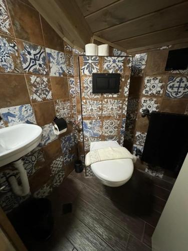 a bathroom with a toilet and a sink at Villa Adis with Hot Pool & Jacuzzi by BookVillaBG in Borovets