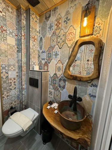 a bathroom with a sink and a toilet and a mirror at Villa Adis with Hot Pool & Jacuzzi by BookVillaBG in Borovets