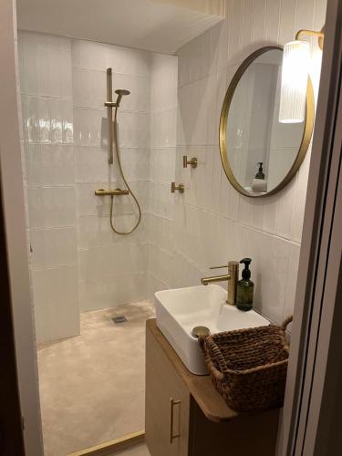 bagno con lavandino e doccia con specchio di Maison Baudry Bethune - Bedroom a Béthune