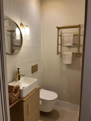 a bathroom with a sink and a toilet and a mirror at Maison Baudry Bethune - Bedroom in Béthune