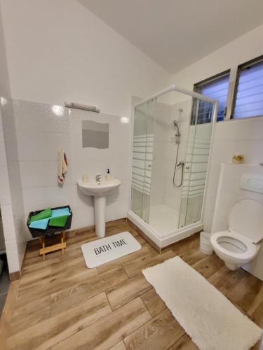 a bathroom with a shower toilet and a sink at La Bourgeoisie Créole in Grande Savane