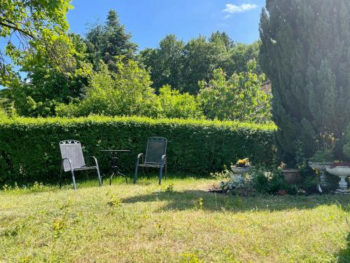 two chairs and a table in a yard at Ferienhaus "Am Flachsee" 