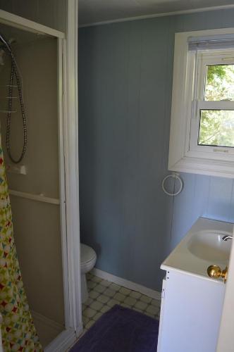 een badkamer met een toilet, een wastafel en een raam bij Doran Bay Resort in Iroquois