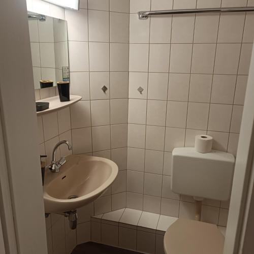 a small bathroom with a toilet and a sink at Hotel Hasselberg in Kaiserslautern