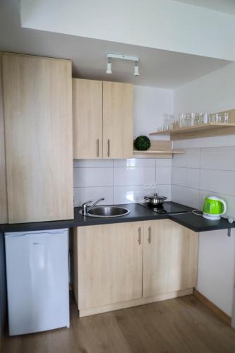a kitchen with wooden cabinets and a sink at Apartamenty Poddąbek- basen kryty, sauna, animacje dla dzieci , małpi gaj, baseny na dachu in Poddąbie