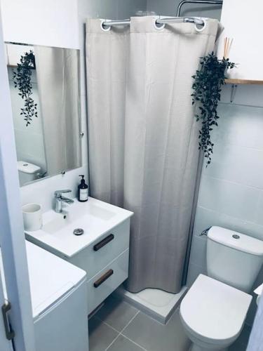 une salle de bain avec une douche, des toilettes et un lavabo dans l'établissement ROMY Studio à 5 min de la plage, à Canet