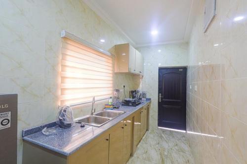 uma cozinha com um lavatório e uma bancada em Harlem apartment em Abuja
