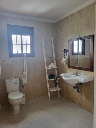 a bathroom with a toilet and a sink and a mirror at Hostal Rural La Plata Parking Incluido in Arcos de la Frontera