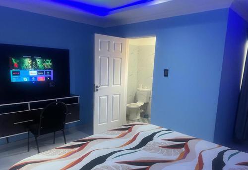 a bedroom with a tv and a bed and a desk at Goldwell airport Lodge in Kempton Park