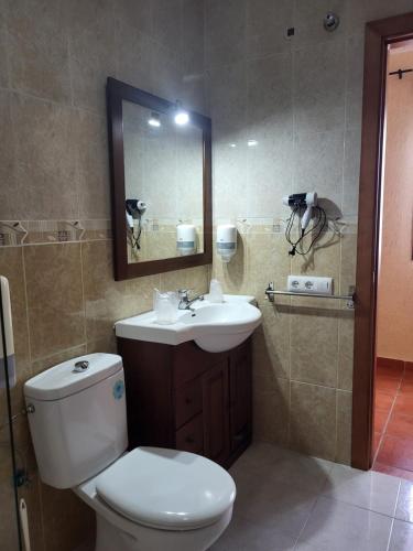 a bathroom with a toilet and a sink and a mirror at Hostal Rural La Plata Parking Incluido in Arcos de la Frontera