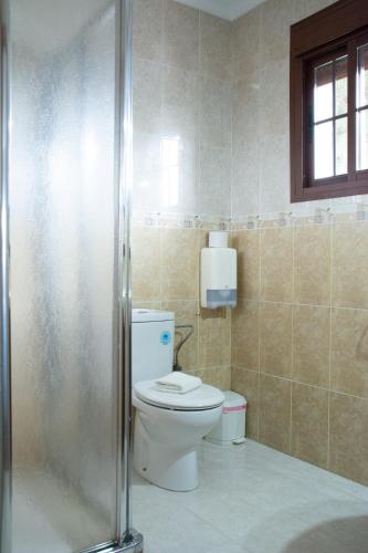 a bathroom with a toilet and a shower at Hostal Rural La Plata Parking Incluido in Arcos de la Frontera