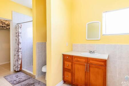a bathroom with a sink and a shower at Charming Guest House near Chalk Sound and the Beach in Providenciales