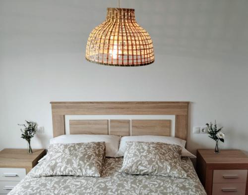 ein Schlafzimmer mit einem Bett und einer Hängeleuchte in der Unterkunft Piso vacacional acogedor in A Coruña