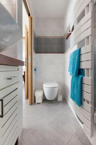 La salle de bains est pourvue de toilettes et d'une serviette bleue. dans l'établissement La Villa de Pascal, vue mer, à Penmarcʼh