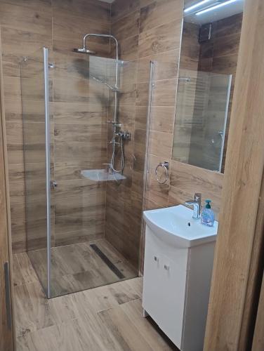 a bathroom with a shower and a sink at Apartament Sunset Leszno in Leszno