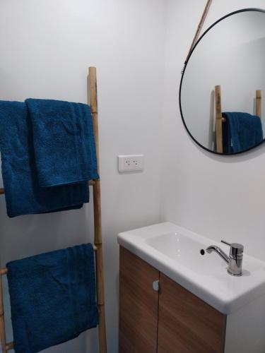une salle de bain avec un lavabo et un miroir dans l'établissement Ty Nid, à Ploemel