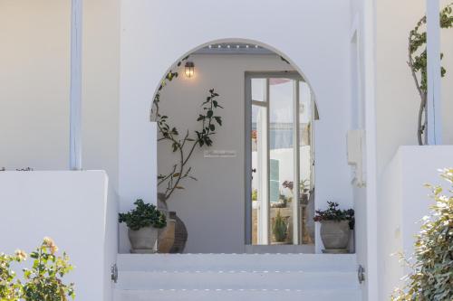 a white door with a mirror and potted plants at Maryo Village in Naousa