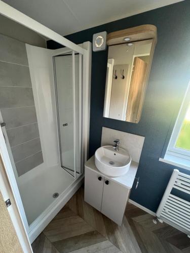 a bathroom with a white sink and a shower at Royal Oak Caravan Park in Skegness