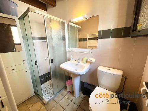 une salle de bain avec toilettes, lavabo et douche dans l'établissement Le Poséidon 56 - Apt T3 à deux pas de l'Océan, à Mimizan