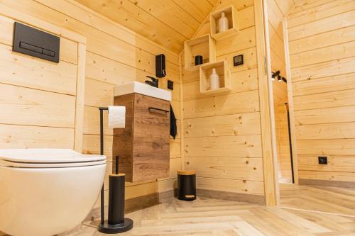 a bathroom with a toilet in a wooden room at Stodoła pod Pilskiem in Korbielów