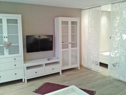 a living room with white furniture and a flat screen tv at Lindenhof in Kleinwessek