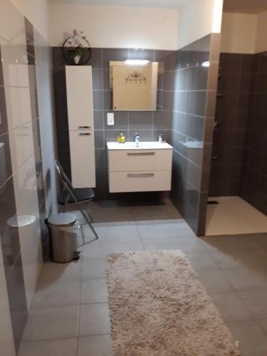 une salle de bain avec un lavabo et une douche dans l'établissement gîte Les Iris 3 étoiles 47 RUFFIAC, à Ruffiac