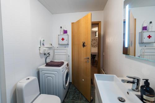 a bathroom with a white toilet and a sink at Day Dream Hafnarstræti Main Street One Bedroom in Akureyri