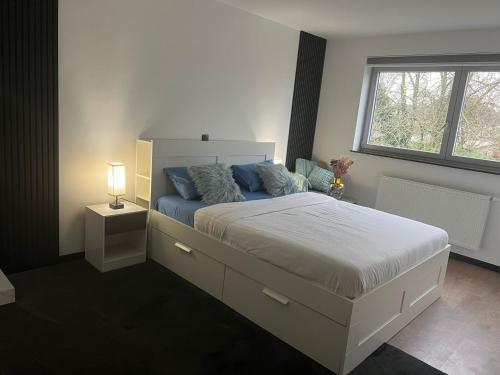 um quarto com uma cama grande e almofadas azuis em Lou et Hans em Aalst