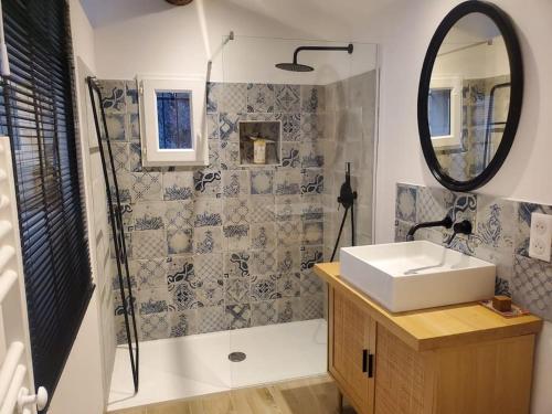 une salle de bain avec un lavabo et une douche avec un miroir dans l'établissement Un écrin à Cornillon en Provence, à Cornillon-Confoux