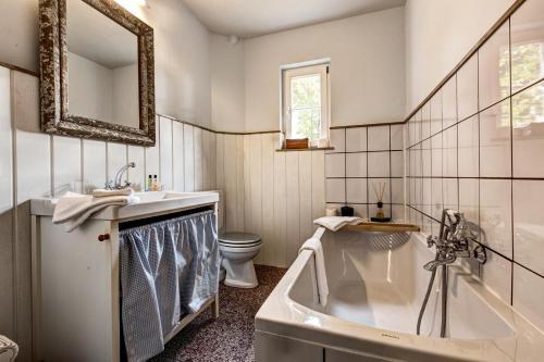 a bathroom with a tub and a sink and a toilet at Gut Thansen Forsthaus in Soderstorf