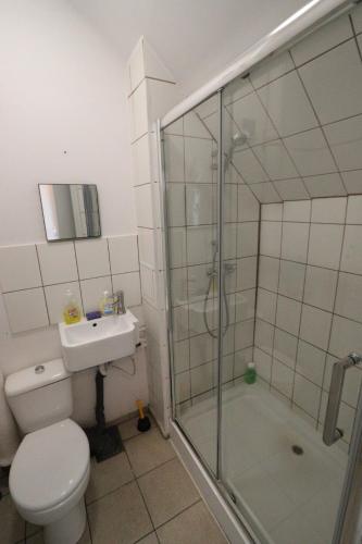 a bathroom with a shower and a toilet and a sink at Fantastic - NS54 Room F in Warsaw