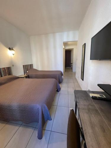 une chambre d'hôtel avec deux lits et une télévision à écran plat dans l'établissement Hotel Alexander, à Perpignan
