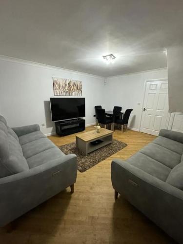 a living room with two couches and a tv at Greatmindz abode in Kingshurst