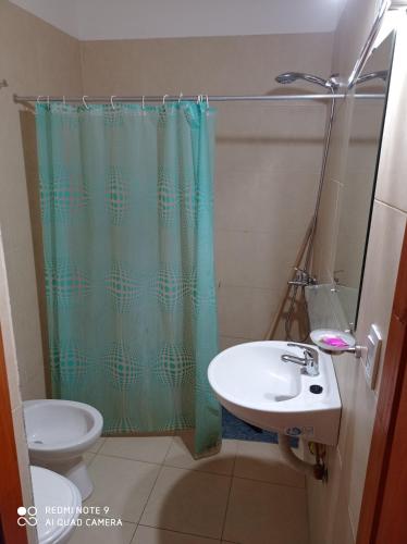 ein Bad mit einem Waschbecken und einem Duschvorhang in der Unterkunft Complejo Valhalla 4 a 300 mts de la PLAYA in Mar Azul