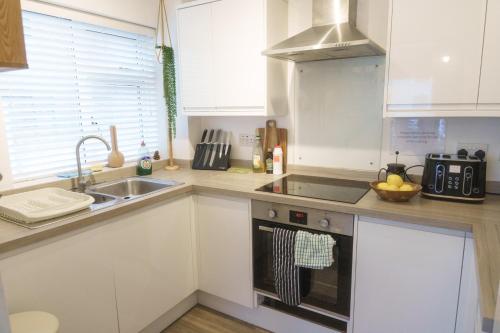 een keuken met een wastafel en een fornuis top oven bij Modern & Stylish 1 bedroom flat in Bristol in Bristol
