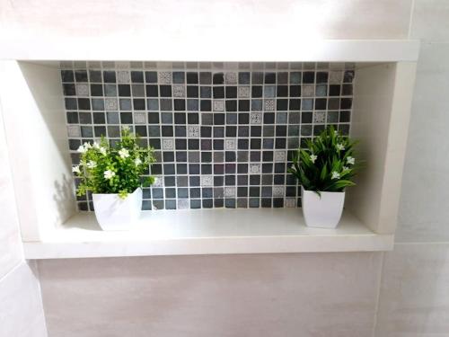 three potted plants sitting on a shelf in a bathroom at 3 bdr spacious apt in praia in Praia