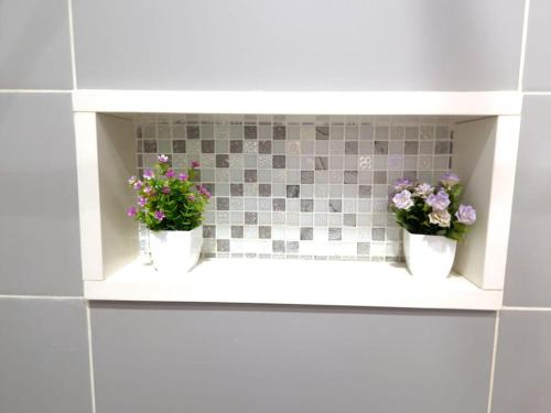 two potted flowers on a shelf in a bathroom at 3 bdr spacious apt in praia in Praia