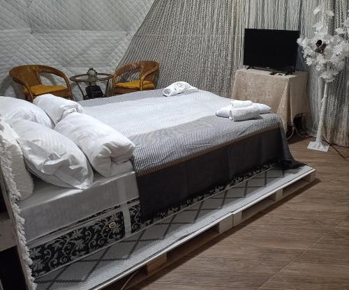 Ze Oni Glamping في تبليسي: سرير في غرفة بها كرسيين وتلفزيون