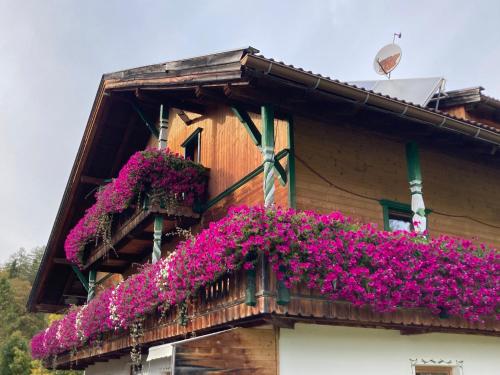 a building with pink flowers on the balcony at Öfnerhof in Leutasch