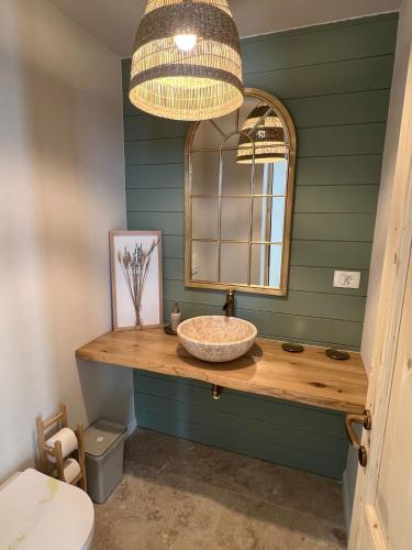 a bathroom with a sink and a mirror at Casa Ido sat Pestera Moieciu in Peştera