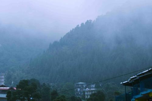 ein nebliger Berg mit Bäumen und Gebäuden im Vordergrund in der Unterkunft The VOID - Dharamkot in Dharamshala