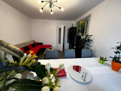 uma sala de estar com uma mesa com plantas e um sofá em Les Dômes du Parc 4e App T3 et T1 proche de toutes commodités em Clermont-Ferrand