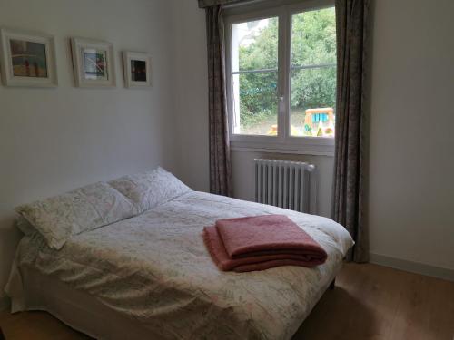Un dormitorio con una cama con una toalla rosa. en Villa Meurice, en Étrembières