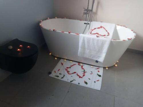 a bathroom with a bath tub with christmas lights at Chaya accommodation B&B and self catering in Mzuzu