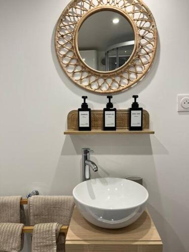 een badkamer met een witte wastafel en een spiegel bij Duplex Place du Martroi in Orléans