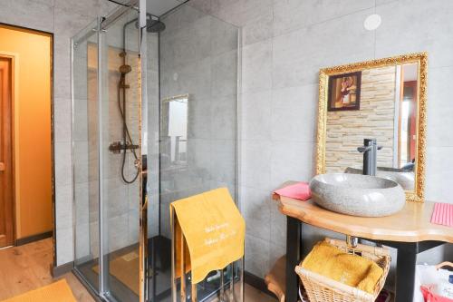 bagno con lavandino e doccia di GITE MELODIE + Sauna Extérieur a Gosnay