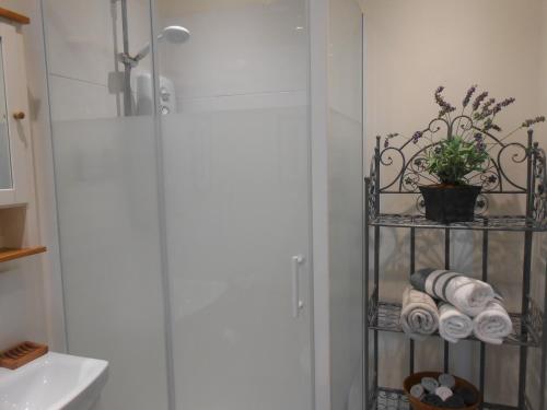 a bathroom with a shower and a rack with towels at Callwood Farm Annex Guest Room in Belper
