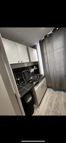 eine kleine Küche mit einer Spüle und einer Theke in der Unterkunft Studio privas in Privas