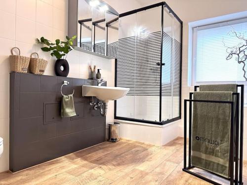 uma casa de banho com um lavatório e uma cabina de duche em vidro. em 1 - 4 Pers. Apartment in Jeßnitz • Mawoi Living 